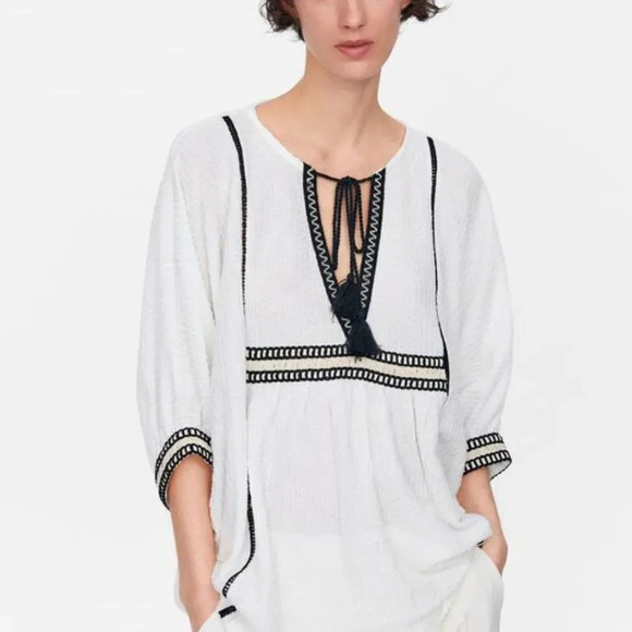 ZARA White Boho Blouse Cords Tassels Cotton Size Medium - Picture 1 of 9